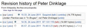 Wikipedia: NOT Dinklage Peter Dinklage: Not in In Bruges